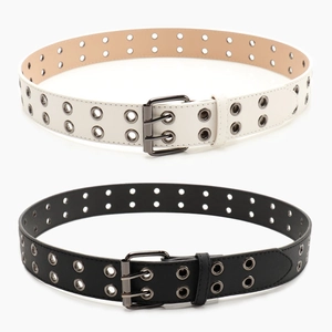 Punk style double grommet belts in black and white with metal twin-prong square buckles