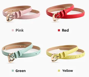 Detailed view of four colorful minimalist belts with golden horseshoe buckles for women