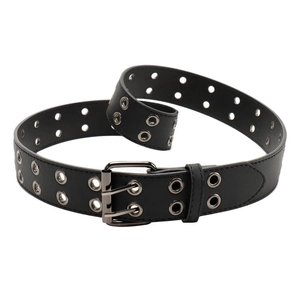 Hip hop black leather belt with double grommets and metal double-pin buckle for jeans
