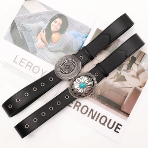 Western boho black leather belt with silver floral buckle and turquoise stone detail