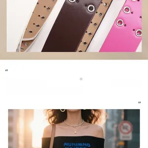 Close-up of punk style multi-color leather belts with double-row metal eyelet details