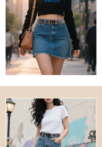 Detail of punk style eyelet leather belt with silver metal buckle on denim skirt