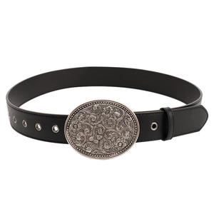 Western vintage black leather belt for women with large floral carved silver buckle