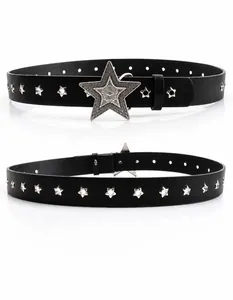 Detail of punk style black leather belt featuring star-shaped eyelets and a star metal buckle