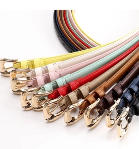 Detailed collection of slim belts with streamlined gold buckles in various vibrant colors