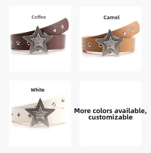 Detail of vintage star buckles on coffee, camel, and white leather belts for women