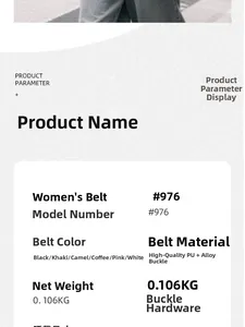 Detailed chart showing women's PU leather belt specifications and silver alloy hardware