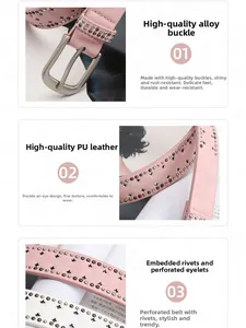 Detail of pink PU leather belt with double grommet holes and star rivet studs