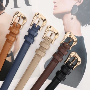 Five-pack set of women's thin belts in various colors with golden horseshoe buckles