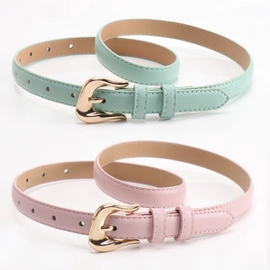 Minimalist slim leather belt for women in mint green and pink with gold metal buckle