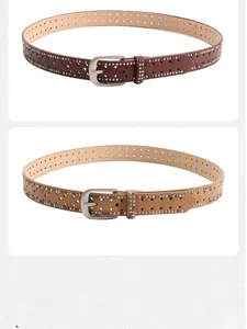 Detail view of coffee and khaki leather belts with rivet studs and diamond cutouts