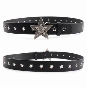 Punk black leather belt for women featuring large silver star buckle and metal star studs