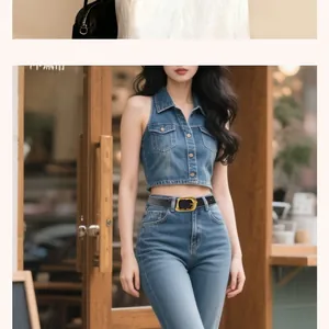 Detail of a casual women's denim set featuring a stylish metal square buckle on a black belt