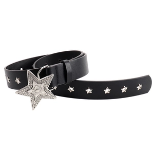 Y2K punk style black faux leather belt with large silver star buckle and metal star studs
