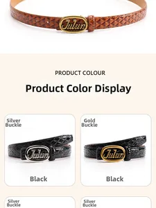 Detail of diamond pattern leather belts with oval buckles in black and brown colors