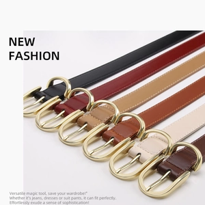 Selection of six slim leather belts for women with elegant golden oval buckles in various colors