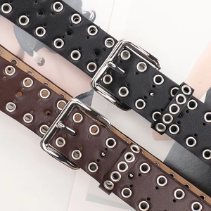 Punk style leather belts with silver metal eyelets in black and dark brown finish
