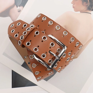 Punk style brown leather belt with silver eyelets and a double-prong square metal buckle