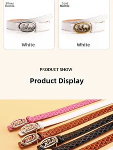 Detail of multi-color leather belts with diamond stitching and metal buckle for women