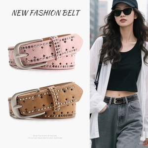 Women Punk Faux Leather Belt With Star Hollow Out Rivets Double Row Studded Fashion Y2K Waistband For Jeans Ladies Decorative Belt