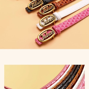 Detail of elegant gold oval buckle and diamond quilted texture on four leather belts