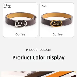 Detail showing elegant coffee leather belts with silver and gold oval JULUN buckles