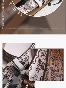 Détails de la ceinture en cuir bohème avec motifs papillons gravés et boucle en métal ciselé