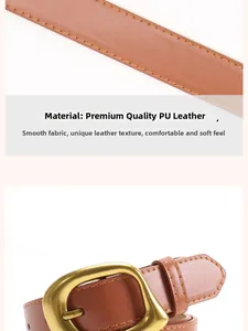 Detail of brown PU leather belt with stitching and golden square metal buckle