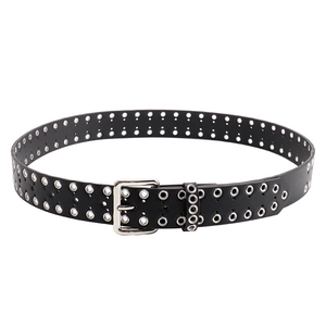 Punk style black leather belt with double silver metal eyelets and a square pin buckle