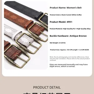 Detailed size chart and close-up of vintage bronze buckle on embossed leather belt