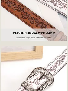 Detailed macro view of retro embossed floral pattern on premium PU leather belt strap