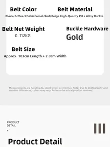 Detailed size guide for women's PU leather belt with gold buckle and multi-color options