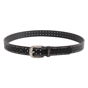 Women's black faux leather belt with double rows of eyelets and silver studs