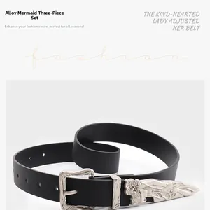 Detail of western vintage belt set featuring carved mermaid floral buckle and tip