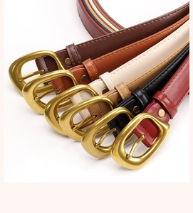 Detailed view of women's skinny belts with matte gold square buckles in five classic colors