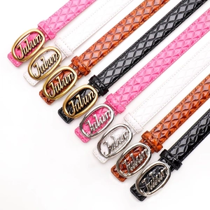 Diamond pattern leather belts for women with oval metal buckles in four colors