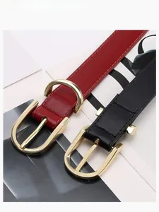 Close-up of minimalist black and red leather belts with polished gold metal buckles