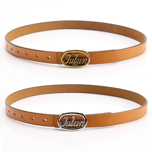 Brown leather waist belts with gold and silver oval buckles featuring Julun engraving