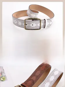 Detail of vintage embossed leather belt with antique bronze buckle for denim jeans