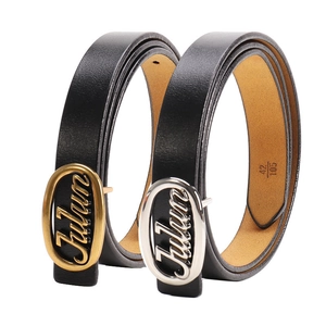 Minimalist black leather belt with oval metal buckle and engraved letters for women
