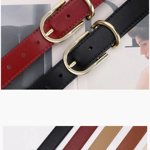 Detailed view of women's slim leather belts with gold buckles in multiple colors