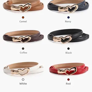 Vue détaillée de ceintures fines avec boucles de cœur dorées en six couleurs