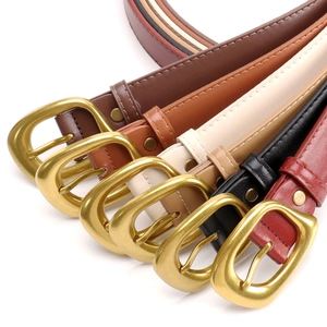 Women's minimalist alloy square buckle belts in brown, black, and beige leather