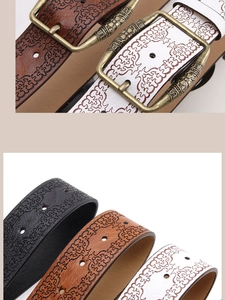 Detailed view of bohemian floral embossed leather belts with vintage bronze buckle