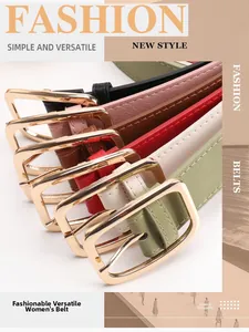 Close-up of colorful leather belts with golden square buckles for women's fashion styling