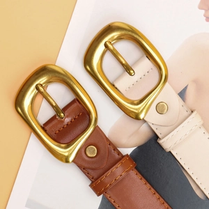 Minimalist faux leather belts for women with large brushed gold square metal buckles