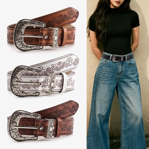 Vintage Western Floral Embossed PU Leather Belt For Women Men Engraved Alloy Pin Buckle Bohemian Casual Waist Strap
