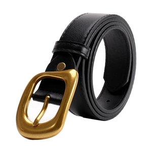 Minimalist black leather belt with irregular vintage gold buckle for women's jeans