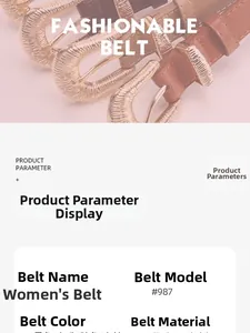 Detail of vintage metal pin buckles with knit texture on leather belts for women