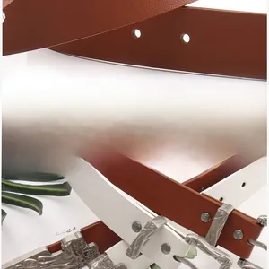Detailed view of western vintage engraved silver metal buckles on brown and white leather belts